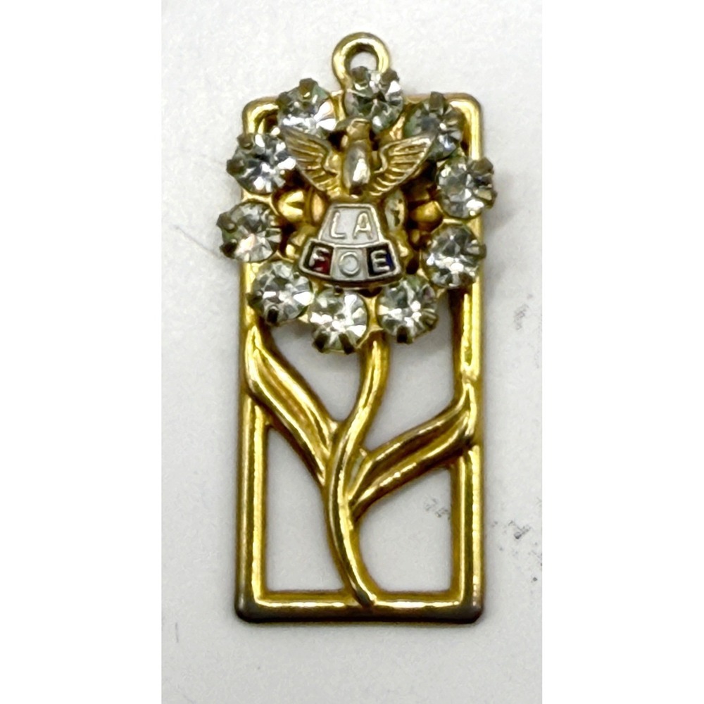 Vintage FOE Fraternal Order of‎ Eagles LA Rhinestone Gold Tone Pendant